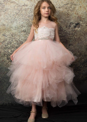 Beaded Blush Pink Lace Tulle Layered Flower Girl Dress